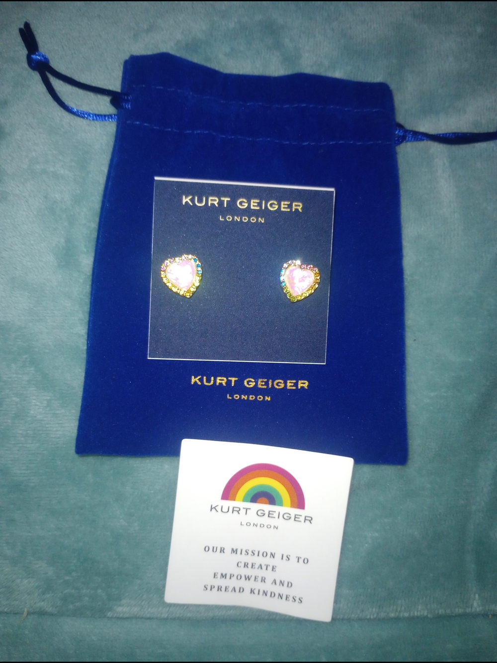 Kurt Geiger Gold-Tone Opal  Heart Earrings w. Multi Colored Gem Borders